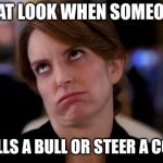 Cow | THAT LOOK WHEN SOMEONE; CALLS A BULL OR STEER A COW | image tagged in eye roll | made w/ Imgflip meme maker