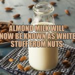 almond milk | ALMOND MILK WILL NOW BE KNOWN AS WHITE STUFF FROM NUTS. | image tagged in almond milk,funny,memes,funny memes,breakfast,milk | made w/ Imgflip meme maker