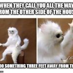 strange wtf cat | WHEN THEY CALL YOU ALL THE WAY FROM THE OTHER SIDE OF THE HOUSE; TO DO SOMETHING THREE FEET AWAY FROM THEM | image tagged in strange wtf cat | made w/ Imgflip meme maker