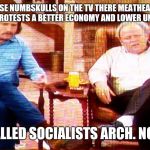 Two different words but same meaning | "LOOK AT THOSE NUMBSKULLS ON THE TV THERE MEATHEAD. NOW WHAT KIND OF IDIOT PROTESTS A BETTER ECONOMY AND LOWER UNEMPLOYMENT"? "WE'RE CALLED SOCIALISTS ARCH. NOT IDIOTS" | image tagged in archie bunker | made w/ Imgflip meme maker