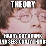 Harry Potter Feels It | THEORY; HARRY GOT DRUNK AND SEES CRAZY THINGS | image tagged in harry potter feels it | made w/ Imgflip meme maker