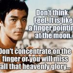 Bruce Lee quote... | Don't think. Feel. It is like a finger pointing at the moon. Don't concentrate on the finger or you will miss all that heavenly glory... | image tagged in bruce lee stare,smack u head its lauws time,ok thank you,u upvotes is most appreciated | made w/ Imgflip meme maker