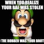 WTF Luigi | WHEN YOU REALIZE YOUR BAE WAS STOLEN; AND THE ROBBER WAS YOUR BROTHER | image tagged in wtf luigi | made w/ Imgflip meme maker