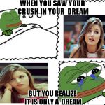 feels bad man frog crushed dreams | WHEN YOU SAW YOUR CRUSH IN YOUR 
DREAM; BUT YOU REALIZE IT IS ONLY A 
DREAM | image tagged in feels bad man frog crushed dreams | made w/ Imgflip meme maker