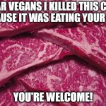 Dear Vegans | DEAR VEGANS I KILLED THIS COW BECAUSE IT WAS EATING YOUR FOOD; YOU'RE WELCOME! | image tagged in raw steaks,vegans,vegetarian,funny memes,steak,meat | made w/ Imgflip meme maker