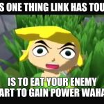 Zelda Wind Wanker | THERE IS ONE THING LINK HAS TOUGHT ME; IS TO EAT YOUR ENEMY HEART TO GAIN POWER WAHAHA | image tagged in zelda wind wanker | made w/ Imgflip meme maker