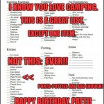 Camping Checklist | I KNOW YOU LOVE CAMPING. THIS IS A GREAT LIST. EXCEPT ONE ITEM. NOT THIS:  EVER!! <<; PORTA-POTTIES ARE BAD ENOUGH! HAPPY BIRTHDAY, PATTI! HAVE A GREAT DAY. | image tagged in camping checklist | made w/ Imgflip meme maker
