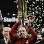 Nick Saban and Trophy | SEC= SHARE EVERY CHAMPIONSHIP; WHEN ALABAMA WINS WE ALL WIN! | image tagged in nick saban and trophy | made w/ Imgflip meme maker