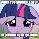 I feel lonely now! | WHEN YOU SUDDENLY STOP; RECEIVING NOTIFICATIONS | image tagged in sad twilight,memes,notifications,xanderbrony,ponies | made w/ Imgflip meme maker