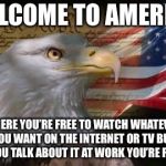 Don’t Mind Me. Just Planning My Trip to Washington DC. | WELCOME TO AMERICA; WHERE YOU’RE FREE TO WATCH WHATEVER YOU WANT ON THE INTERNET OR TV BUT IF YOU TALK ABOUT IT AT WORK YOU’RE FIRED | image tagged in american eagle,memes,funny,so true,true story | made w/ Imgflip meme maker