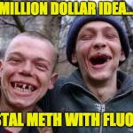 rednecks | MILLION DOLLAR IDEA... CRYSTAL METH WITH FLUORIDE. | image tagged in rednecks | made w/ Imgflip meme maker