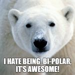 bi polar | I HATE BEING 
BI-POLAR, IT’S AWESOME! | image tagged in bi polar | made w/ Imgflip meme maker