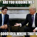 Canadian snub | ARE YOU KIDDING ME? I'VE A GOOD IDEA WHERE THAT'S BEEN | image tagged in trudeau trump | made w/ Imgflip meme maker