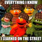 Sesame street birthday | EVERYTHING I KNOW; I LEARNED ON THE STREET | image tagged in sesame street birthday,scumbag | made w/ Imgflip meme maker