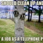 Deep Tree Thoughts | I SHOULD CLEAN UP AND; GET A JOB AS A TELEPHONE POLE | image tagged in disapproving tree,memes,job,stupid | made w/ Imgflip meme maker