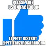 Facebook Like | PLEASE LIKE US ON FACEBOOK; LE PETIT BISTROT 
@PETITBISTROGARRUCHA | image tagged in facebook like | made w/ Imgflip meme maker