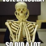 Still waiting  | WHY YES! I DID VOTE DEMOCRAT; SO DID A LOT OF MY FRIENDS | image tagged in still waiting | made w/ Imgflip meme maker