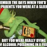 Those were the days | REMEMBER THE DAYS WHEN YOU'D TELL YOUR PARENTS YOU WERE AT A SLEEPOVER; BUT YOU WERE REALLY DYING OF ALCOHOL POISONING IN A FIELD | image tagged in kermit alcohol,so true memes | made w/ Imgflip meme maker