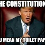 This whole damn country is becoming his toilet paper now.  | THE CONSTITUTION? YOU MEAN MY TOILET PAPER. | image tagged in donald trump,memes,the constitution,constitution,toilet paper,overly manly man | made w/ Imgflip meme maker