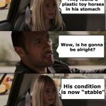 Just horsing around | Why is your little brother in the hospital? They found 8 plastic toy horses in his stomach; Wow, is he gonna be alright? His condition is now “stable” | image tagged in the rock conversation,memes,bad pun,horses | made w/ Imgflip meme maker