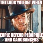 Clint Eastwood | THE LOOK YOU GET WHEN; PEOPLE DEFEND PEDOPHILES AND GANGBANGERS | image tagged in clint eastwood | made w/ Imgflip meme maker