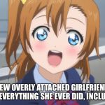 The new overly attached girlfriend | I'M THE NEW OVERLY ATTACHED GIRLFRIEND AND I'M STEALING EVERYTHING SHE EVER DID, INCLUDING YOU ! | image tagged in excited anime girl | made w/ Imgflip meme maker