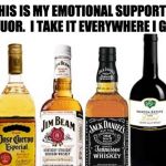 Liquor | THIS IS MY EMOTIONAL SUPPORT LIQUOR.  I TAKE IT EVERYWHERE I GO. | image tagged in liquor | made w/ Imgflip meme maker