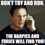 I will find you | DON'T TRY AND RUN. THE HARPIES AND FURIES WILL FIND YOU! | image tagged in i will find you | made w/ Imgflip meme maker