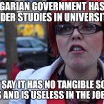 More governments should ban useless programs and save students money. | THE HUNGARIAN GOVERNMENT HAS BANNED GENDER STUDIES IN UNIVERSITIES. THEY SAY IT HAS NO TANGIBLE SOCIAL BENEFITS AND IS USELESS IN THE JOB MARKET. | image tagged in trigger intensifies | made w/ Imgflip meme maker