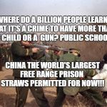 China Gun Control | WHERE DO A BILLION PEOPLE LEARN THAT IT'S A CRIME TO HAVE MORE THAN ONE CHILD OR A  GUN? PUBLIC SCHOOLS; CHINA THE WORLD'S LARGEST FREE RANGE PRISON 
 STRAWS PERMITTED FOR NOW!!! | image tagged in china gun control | made w/ Imgflip meme maker