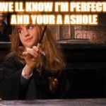 hermione | WE LL KNOW I'M PERFECT AND YOUR A ASHOLE | image tagged in hermione | made w/ Imgflip meme maker