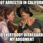 Straw man | I GOT ARRESTED IN CALIFORNIA; AND EVERYBODY DISREGARDED MY ARGUMENT | image tagged in scarecrow and dorothy | made w/ Imgflip meme maker