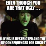 WickedWitch | EVEN THOUGH YOU ARE THAT UGLY . . . BULLYING IS RESTRICTED AND THERE WILL BE CONSEQUENCES FOR SUCH THING. | image tagged in wickedwitch | made w/ Imgflip meme maker