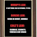 Blank plaque | MURHPYS LAW:; IF ANYTHING CAN GO WRONG, IT WILL; BORENS LAW:; WHEN IN DOUBT, MUMBLE; COLE'S LAW:; CABBAGE, CARROTS, VINEGAR AND SUGAR | image tagged in blank plaque | made w/ Imgflip meme maker