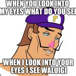 Waluigi | WHEN YOU LOOK INTO MY EYES WHAT DO YOU SEE; WHEN I LOOK INTO YOUR EYES I SEE WALUIGI | image tagged in waluigi | made w/ Imgflip meme maker