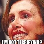 Ugly pelosi | WHAT DO YOU MEAN; I’M NOT TERRIFYING? | image tagged in ugly pelosi | made w/ Imgflip meme maker