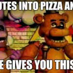 Fnaf | 30 MINUTES INTO PIZZA AND CHILL; AND HE GIVES YOU THIS LOOK | image tagged in fnaf | made w/ Imgflip meme maker