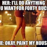 She'll do anything! | HER: I'LL DO ANYTHING YOU WANT FOR FORTY BUCKS. ME: OKAY, PAINT MY HOUSE. | image tagged in prostitute | made w/ Imgflip meme maker