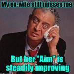 Maybe she just needs a few more lessons to get the job done | My ex-wife still misses me; But her "Aim" is steadily improving | image tagged in rodney dangerfield,firearms,memes,shooting,gun | made w/ Imgflip meme maker