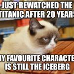 Grumpy Cat Table Meme | JUST REWATCHED THE TITANIC AFTER 20 YEARS MY FAVOURITE CHARACTER IS STILL THE ICEBERG | image tagged in memes,grumpy cat table,grumpy cat,titanic | made w/ Imgflip meme maker