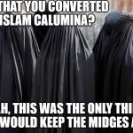 burkas | SO IS THAT YOU CONVERTED TO ISLAM CALUMINA? NAH, THIS WAS THE ONLY THING THAT WOULD KEEP THE MIDGES AWAY! | image tagged in burkas | made w/ Imgflip meme maker
