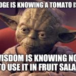 Yoda Wisdom | KNOWLEDGE IS KNOWING A TOMATO IS A FRUIT; WISDOM IS KNOWING NOT TO USE IT IN FRUIT SALAD | image tagged in yoda wisdom | made w/ Imgflip meme maker