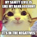 potatos and catshi crazy | MY SANITY LEVEL IS LIKE MY BANK ACCOUNT IT'S IN THE NEGATIVES | image tagged in potatos and catshi crazy | made w/ Imgflip meme maker
