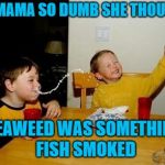 Maybe someone should try smoking it... | YO MAMA SO DUMB SHE THOUGHT; SEAWEED WAS SOMETHING FISH SMOKED | image tagged in yo momma so fat,memes,seaweed,funny,yo momma so dumb,smokin' fish | made w/ Imgflip meme maker