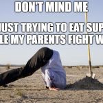 Lemme Just Eat My Supper Please and Thank You | DON'T MIND ME; I'M JUST TRYING TO EAT SUPPER WHILE MY PARENTS FIGHT WWIII | image tagged in ignorance,wwiii,parents,couple fighting | made w/ Imgflip meme maker