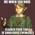 Zelda | ME WHEN YOU HAVE; CLEANED YOUR TABLE OF DANGEROUS CHEMICALS | image tagged in zelda | made w/ Imgflip meme maker