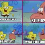 lol spongebob texas | HEY PATRICK! WHAT AM I? STUPID? NO, IM TEXAS! WHAT'S THE DIFFERECE? | image tagged in spongebob what's the difference | made w/ Imgflip meme maker