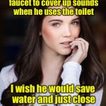 A little privacy please | My boyfriend runs the faucet to cover up sounds when he uses the toilet; I wish he would save water and just close the bathroom door | image tagged in paris warner,memes,toilet,potty humor | made w/ Imgflip meme maker