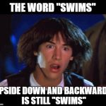 And now for some totally useless information... | THE WORD "SWIMS"; UPSIDE DOWN AND BACKWARDS IS STILL "SWIMS" | image tagged in woah,funny memes,useless fact of the day,useless stuff,random | made w/ Imgflip meme maker