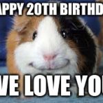 happy guinea pig | HAPPY 20TH BIRTHDAY; WE LOVE YOU | image tagged in happy guinea pig | made w/ Imgflip meme maker